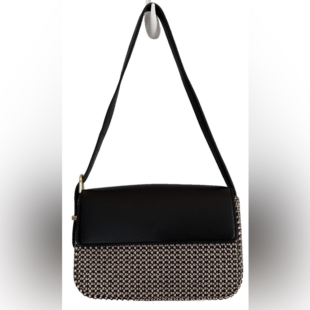 A New Day Shoulder Bag Black & Beige Textured Purse Classic Chic Tweed Flap